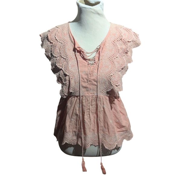 Deby Debo XS Pink Eyelet Ruffle Top Lace Up V-Neck 100% Cotton Blouse - Picture 1 of 8